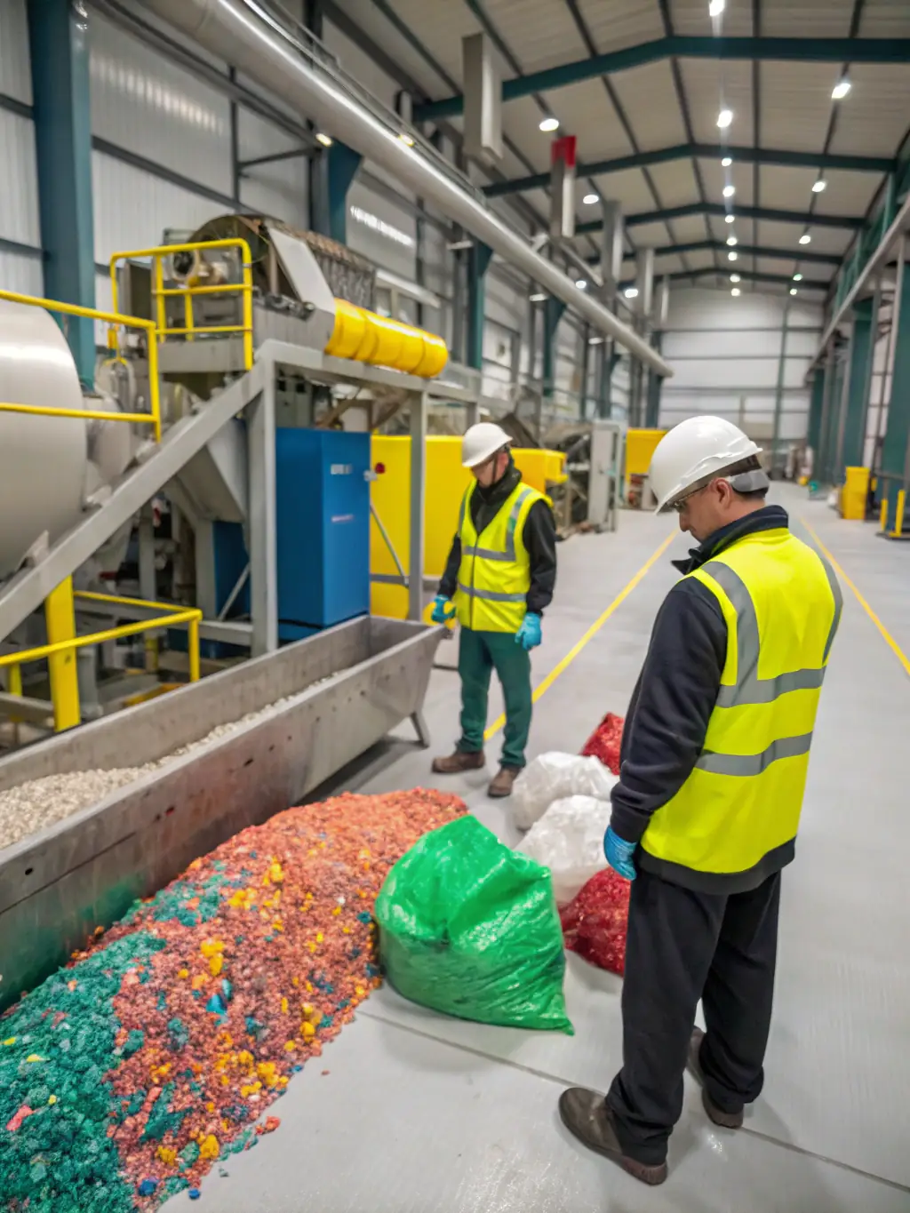 An image of a clean recycling facility with advanced machinery processing plastic waste, highlighting RePlastic Global's commitment to efficient and responsible recycling practices.