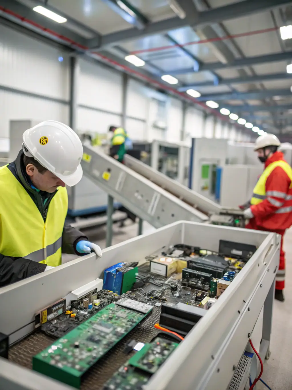 A wide-angle shot of RePlastic Global's state-of-the-art recycling facility, showcasing advanced machinery and a clean, organized workspace, emphasizing the company's commitment to technological innovation in recycling.