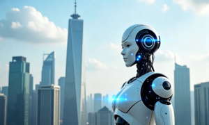 A futuristic white humanoid robot with blue light accents against city skyscrapers.