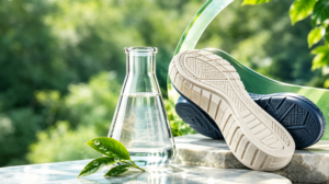 Laboratory flask with green leaves and a footwear sole representing phthalate-free DOTP plasticizers for sustainable PVC shoes