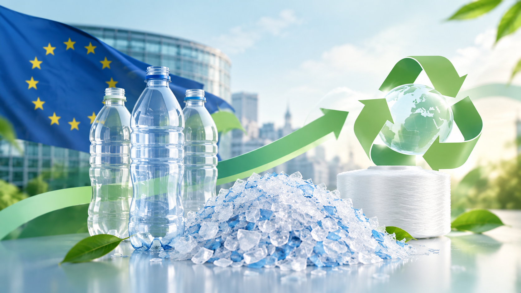 Infographic showing rPET flakes transforming into everyday sustainable products like bottles, textiles, tote bags, and storage containers