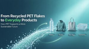 Infographic showing rPET flakes transforming into everyday sustainable products like bottles, textiles, tote bags, and storage containers