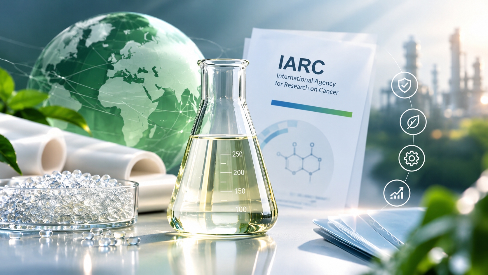 Laboratory flask and chemical testing data representing IARC classification research for the plasticizer industry
